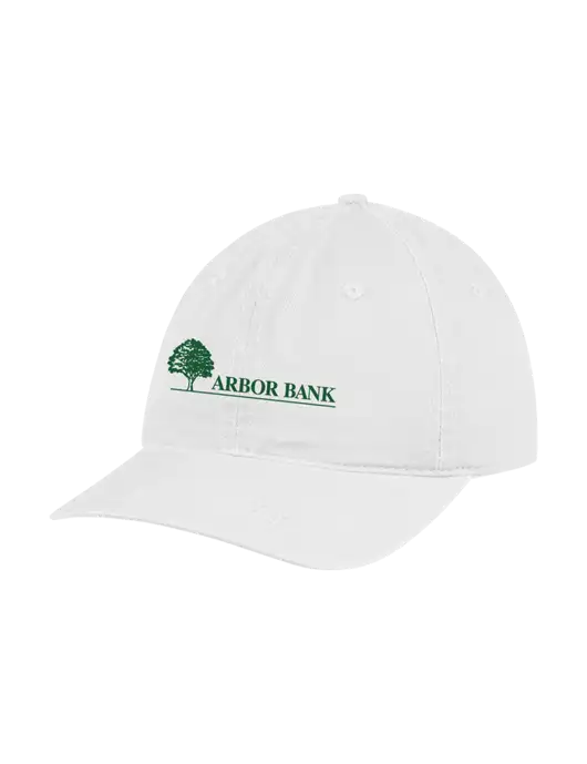 Garment Washed Unstructured Twill White Cap w/Arbor Bank Logo