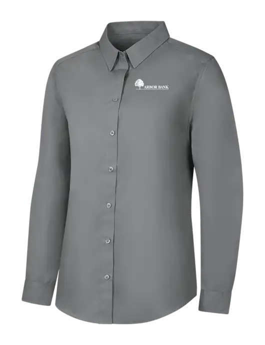 Womens Medium Grey Long Sleeve Carefree Poplin Shirt w/Arbor Bank Logo