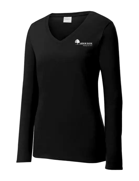 Womens V-Neck Ring Spun Jet Black 4.5 oz Long Sleeve T-Shirt w/Arbor Bank Logo