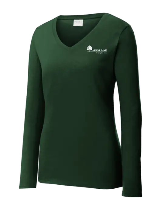 Womens  V-Neck Ring Spun Forest Green 4.5 oz Long Sleeve T-Shirt w/Arbor Bank Logo
