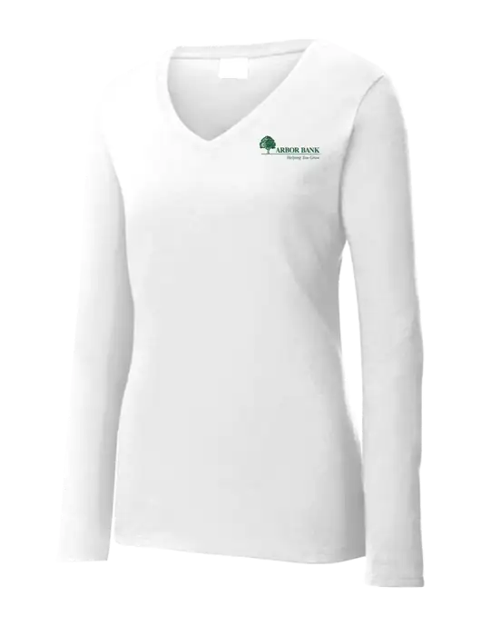 Womens  V-Neck Ring Spun White 4.5 oz Long Sleeve T-Shirt w/Arbor Bank Logo