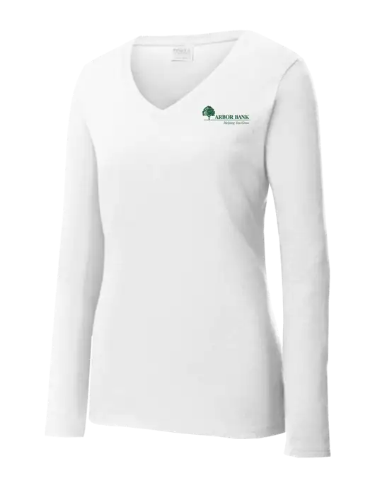 Womens  V-Neck Ring Spun White 4.5 oz Long Sleeve T-Shirt w/Arbor Bank Logo