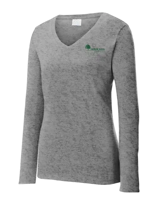 Womens  V-Neck Ring Spun Grey Heather 4.5 oz Long Sleeve T-Shirt w/Arbor Bank Logo