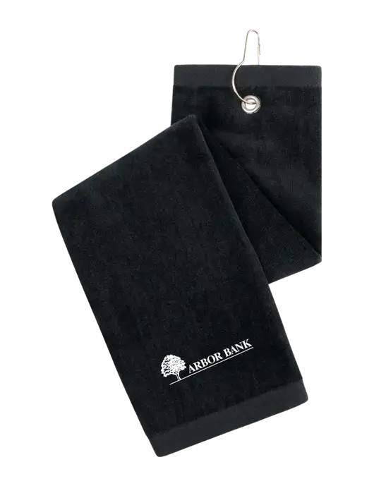 Black Tri-Fold Golf Towel with Grommet w/Arbor Bank Logo