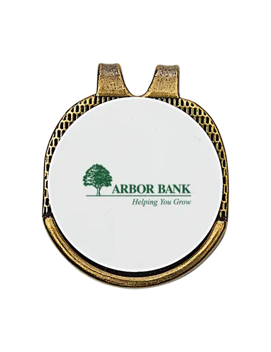 Antique Gold Hat Clip w/Golf Ball Marker w/Arbor Bank Logo