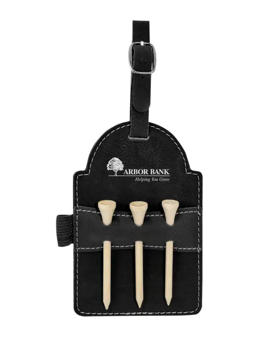 Black Leatherette Golf Bag Tag with 3 Wooden Tees w/Arbor Bank Logo