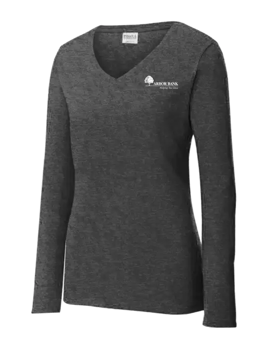 Womens  V-Neck Ring Spun Dark Heather Grey 4.5 oz Long Sleeve T-Shirt w/Arbor Bank Logo