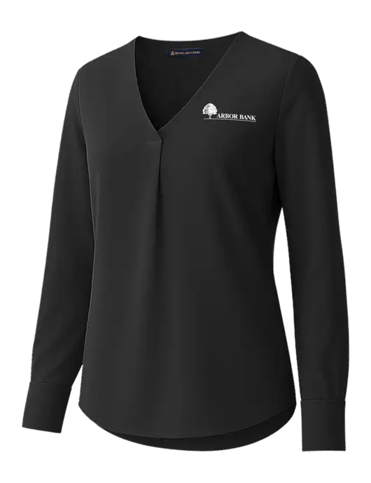 Brooks Brothers Womens Black Open-Neck Satin Blouse  w/Arbor Bank Logo