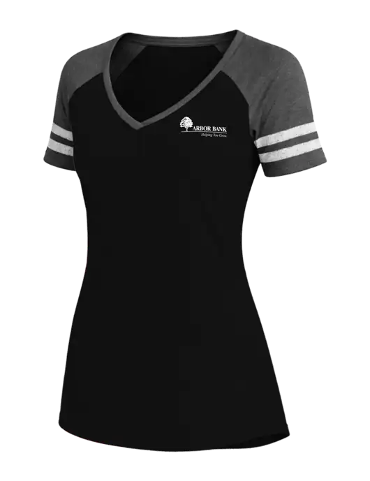 Womens Black/Charcoal Heather V-Neck Game Tee w/Arbor Bank Logo