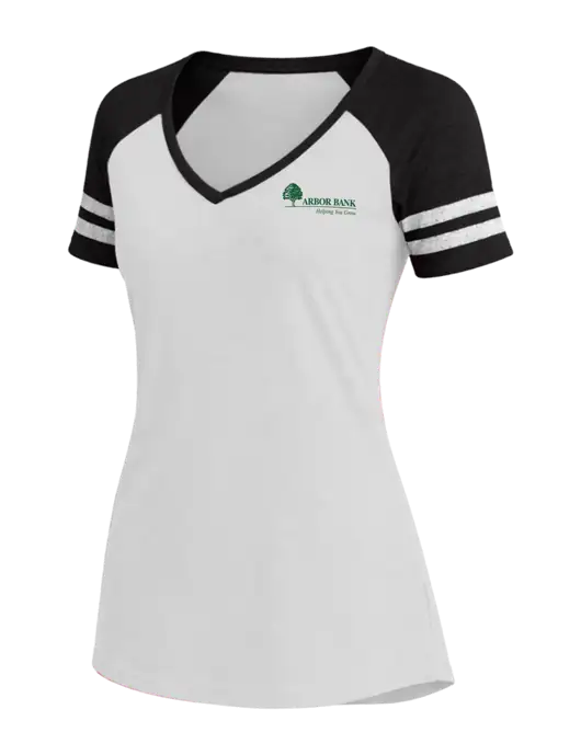 Womens White/Black V-Neck Game Tee w/Arbor Bank Logo