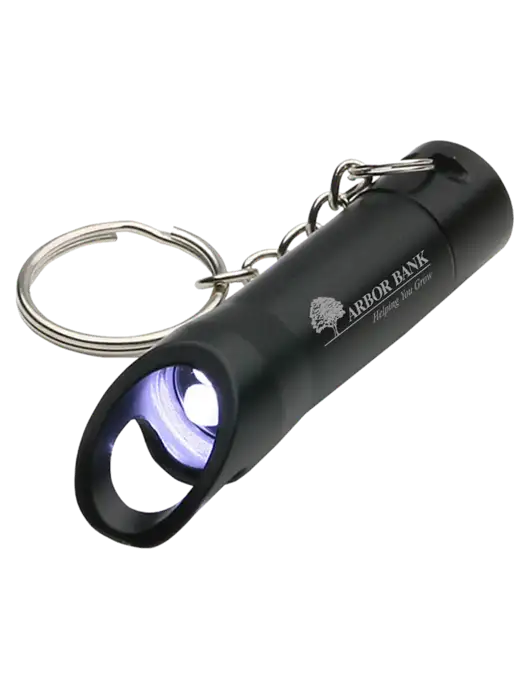 Black Pocket LED Flashlight with Bottle Opener & Keychain w/Arbor Bank Logo