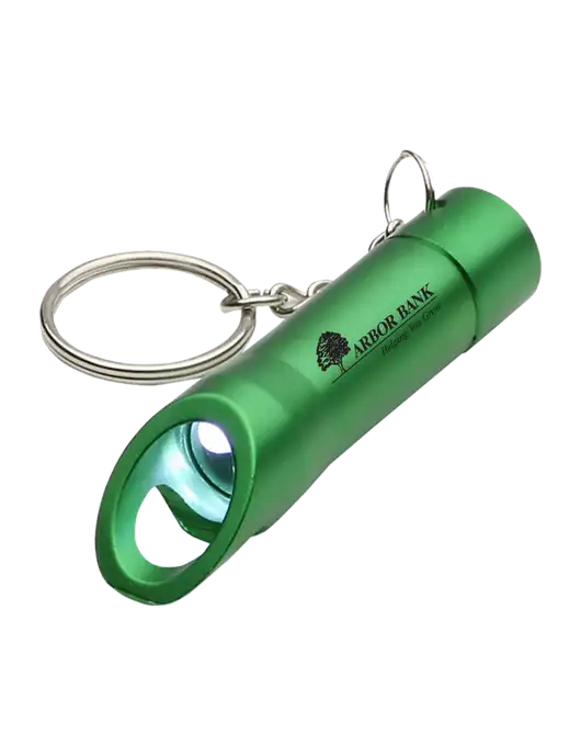 Medium Green Pocket LED Flashlight with Bottle Opener & Keychain w/Arbor Bank Logo