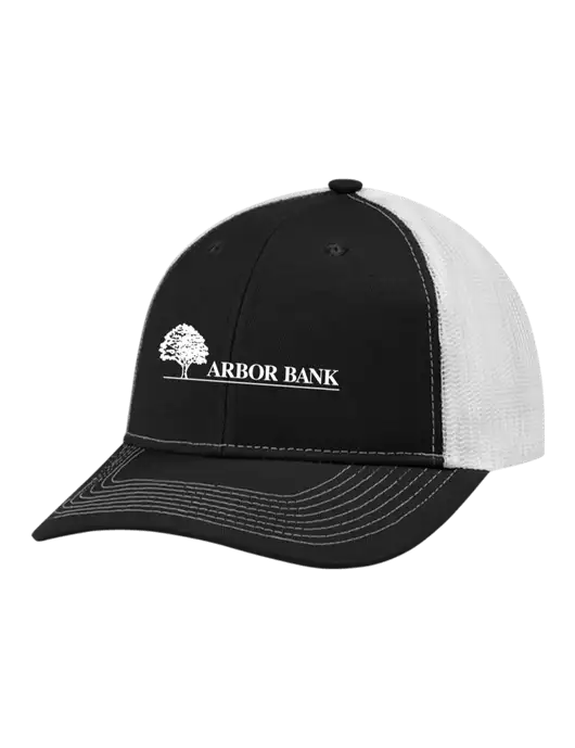 Snapback Ponytail Trucker Cap Black w/White Mesh w/Arbor Bank Logo