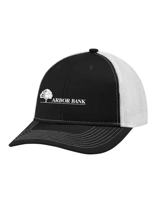 Snapback Ponytail Trucker Cap Black w/White Mesh w/Arbor Bank Logo