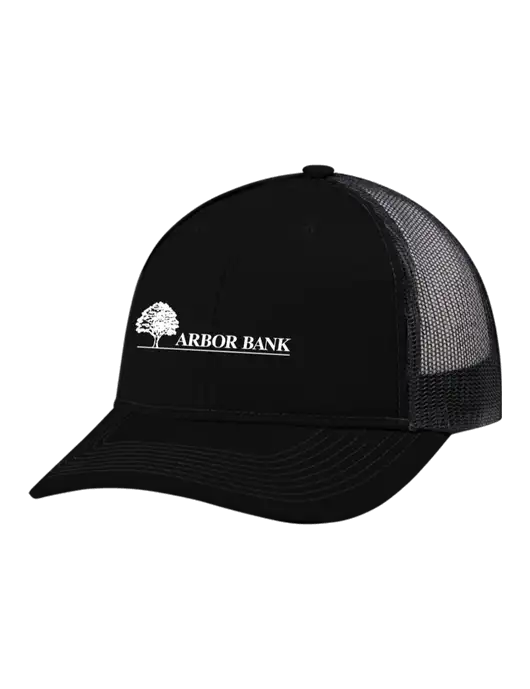 Snapback Ponytail Trucker Cap Black w/Black Mesh w/Arbor Bank Logo