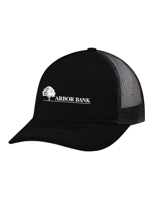 Snapback Ponytail Trucker Cap Black w/Black Mesh w/Arbor Bank Logo