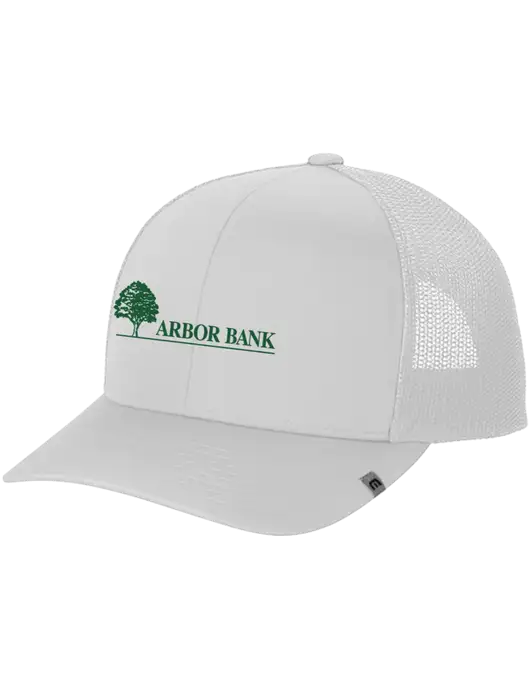 TravisMathew White Cruz Trucker Cap w/Arbor Bank Logo